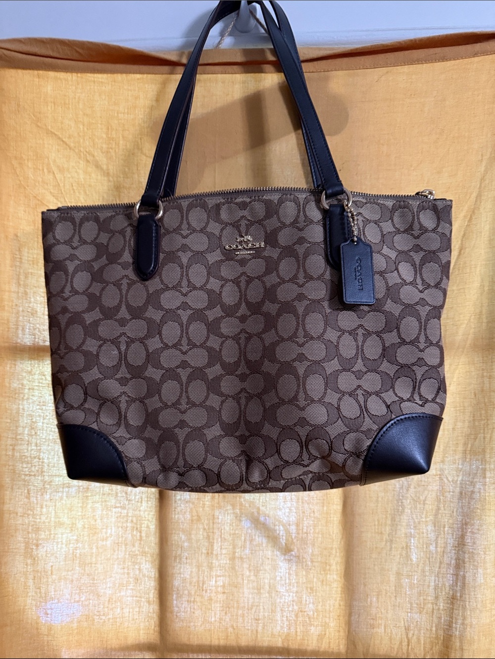 Coach Brown Signature Jacquard Tote with Dark Leather Trim